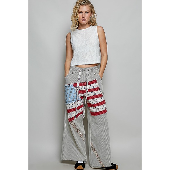 POL American Wide Leg Pinstripe Flag Patchwork Cotton Denim Pants Medium